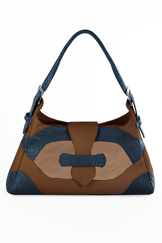 Dress handbag in denim blue, biscuit beige and caramel brown leather - Top view